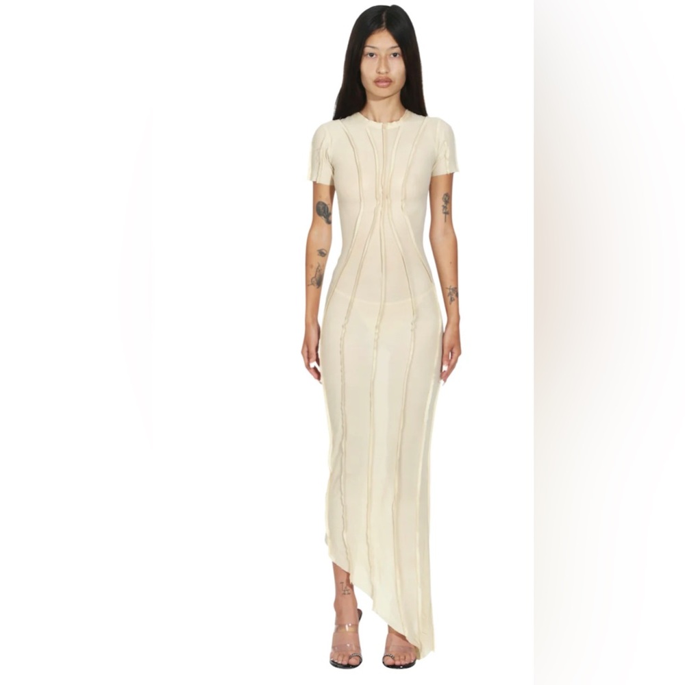 SAMI MIRO VINTAGE ASYMMETRIC SHORT SLEEVE MAXI DRESS IN IVORY MESH, SMALL